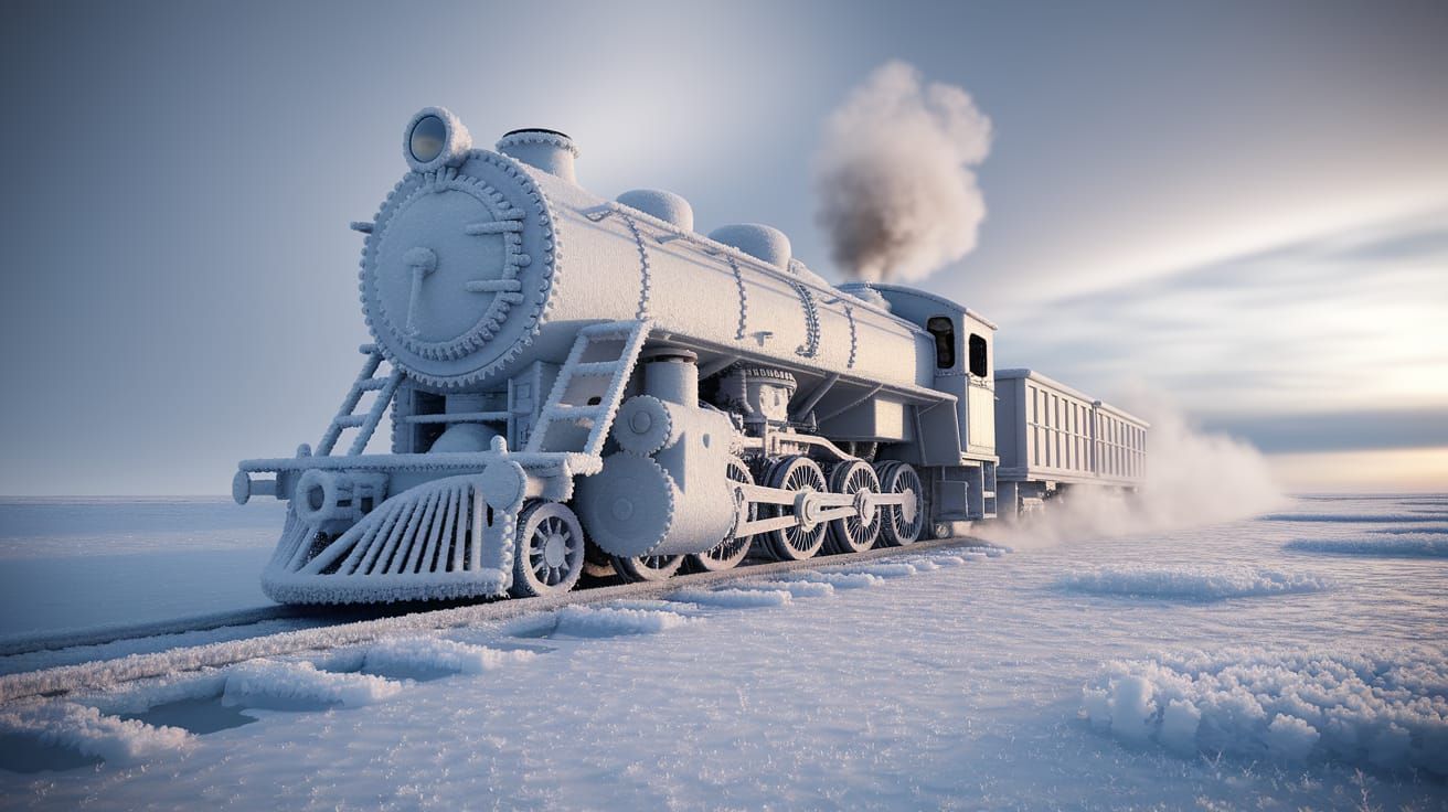 Frost-Covered Steam Train on Arctic Ice Railway
