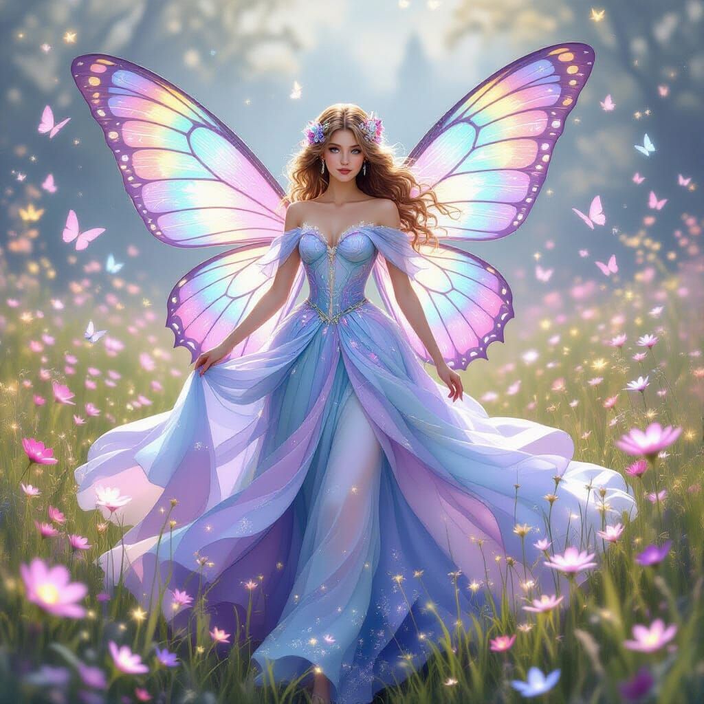 Butterfly Princess in Magical Meadow, Art Nouveau Style