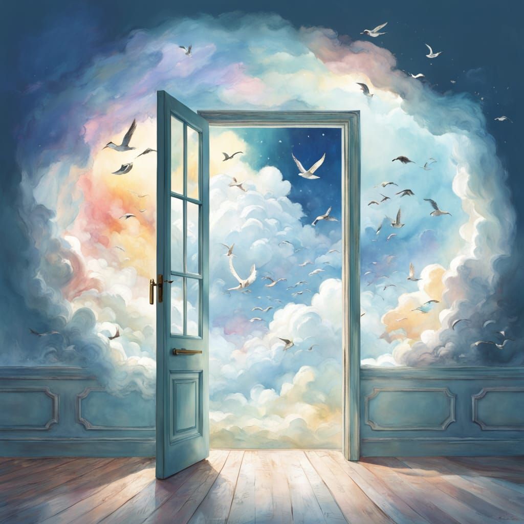 Picture a floating door in the sky, wide open and leading to who knows where. The door is made of clouds, and it shimmer...