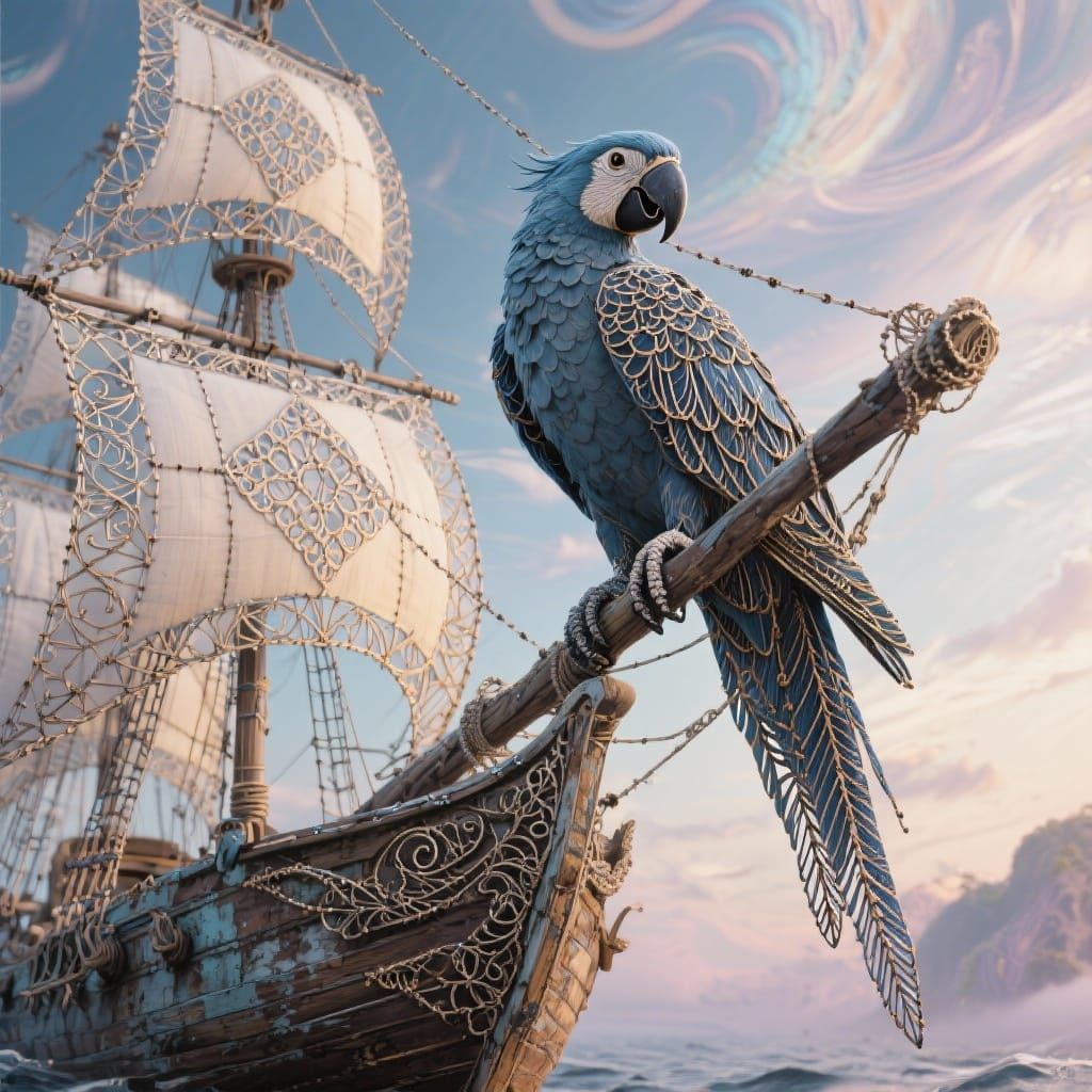 Macaw on Sailboat in Swirling Sky, Fantasy Concept Art