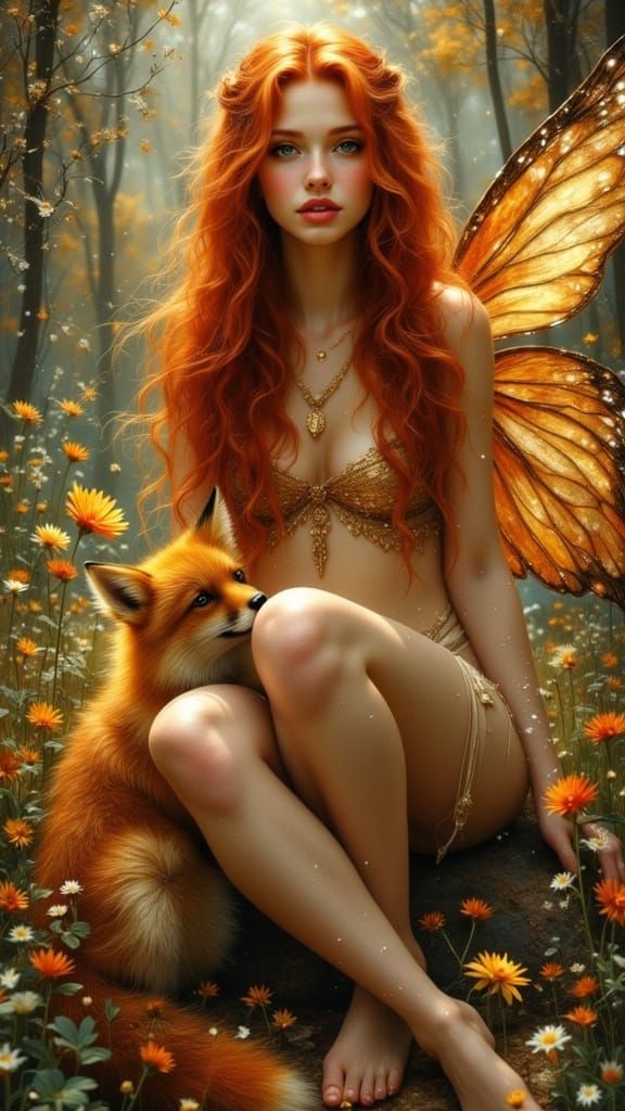 Pre-Raphaelite Fairy Woman with Fox in Forest
