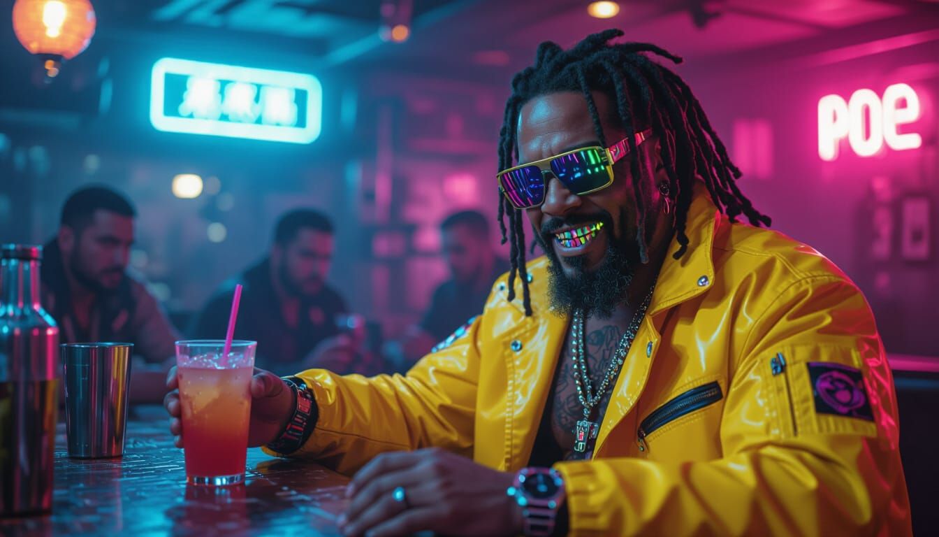 Cyberpunk Bartender in Grimy Bar with Cinematic Lighting