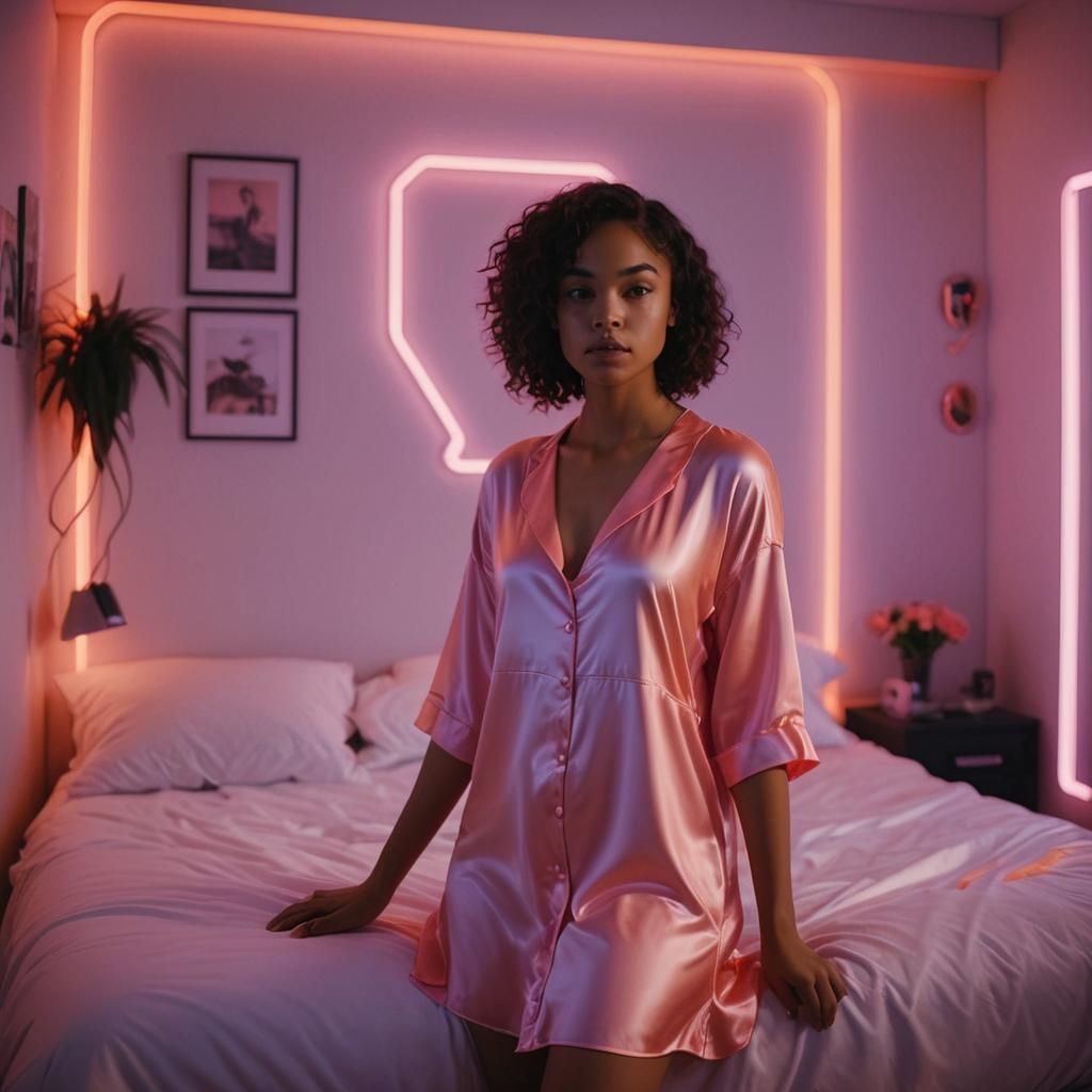 Young mixed-race teenage girl in a fitted silk nightie in fr...