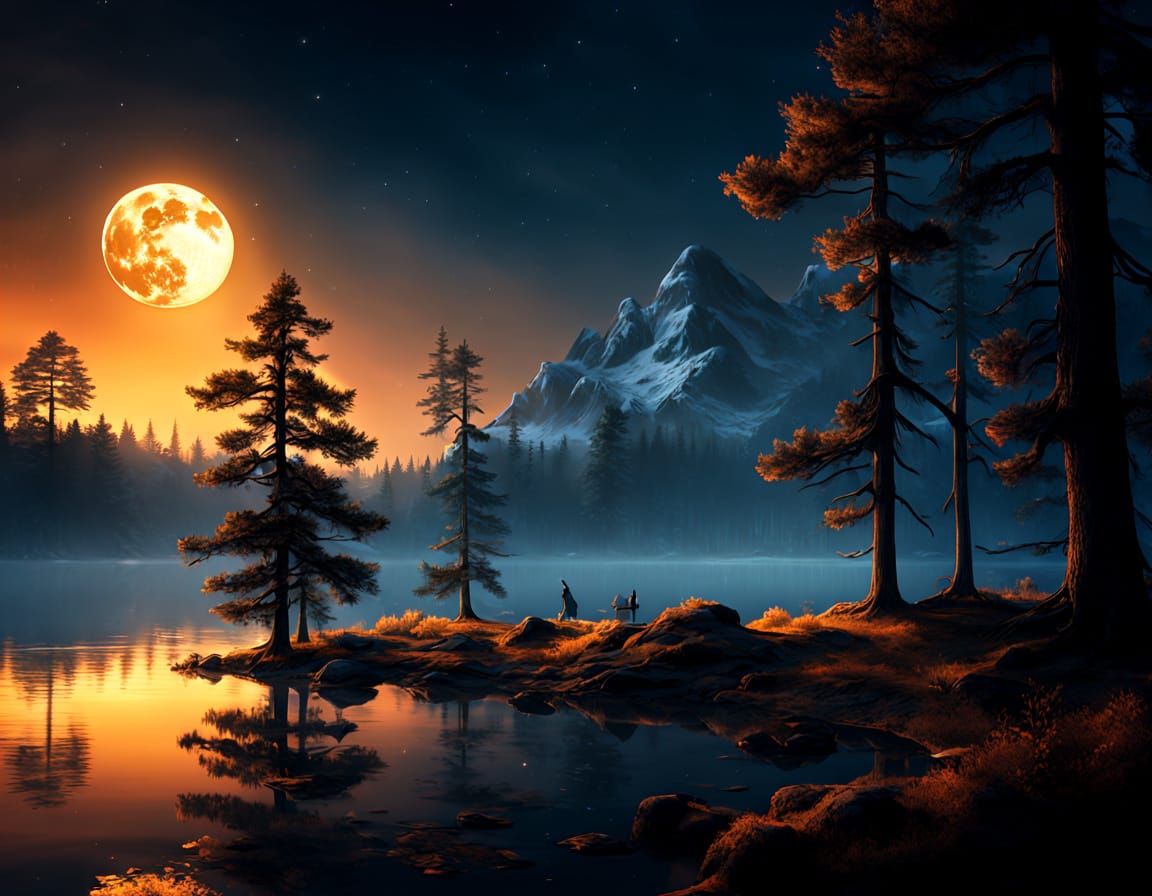 Colossal Moon Over Forest Lake in Cinematic Fantasy Style