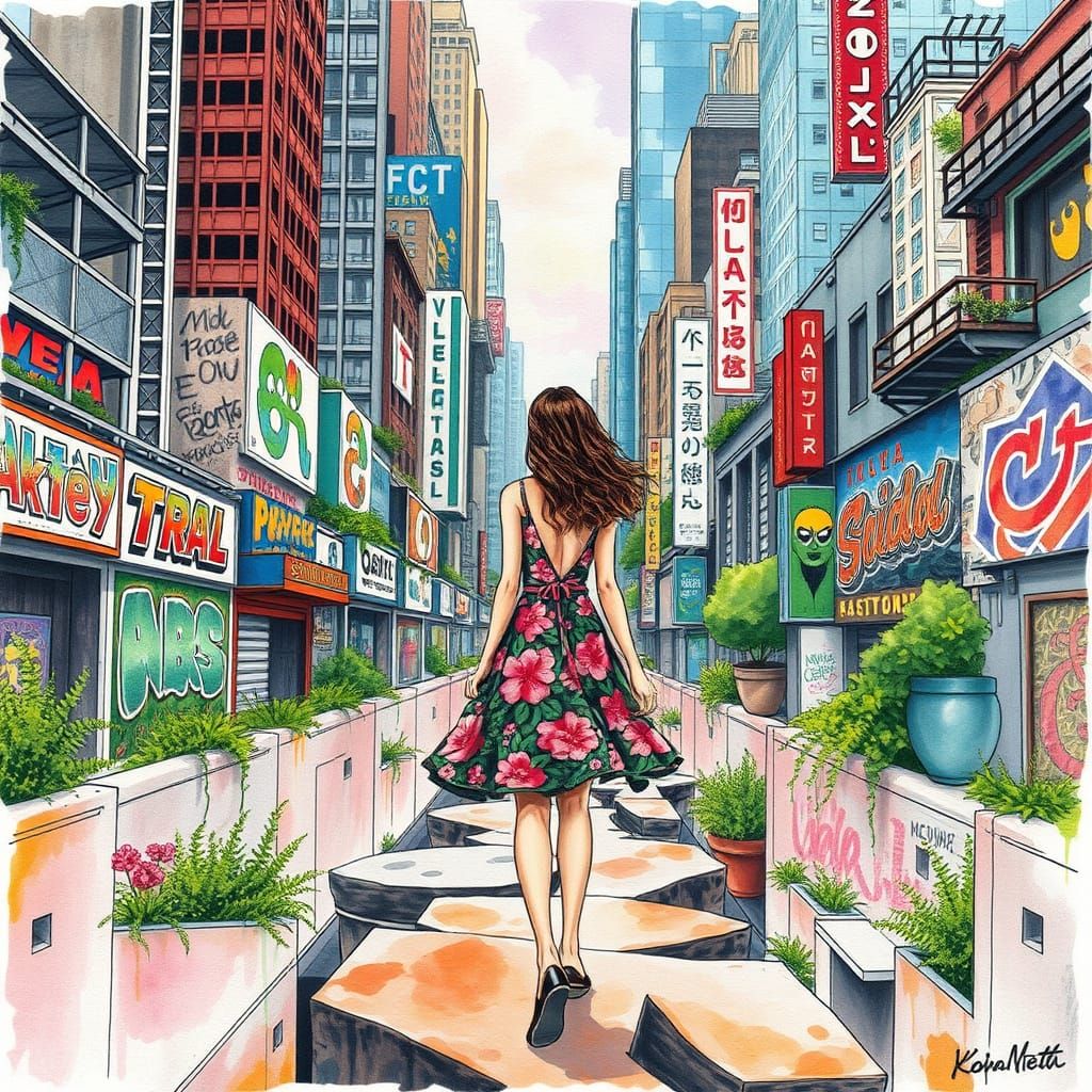 Urban Nature Mosaic in Vibrant Watercolor and Acrylic