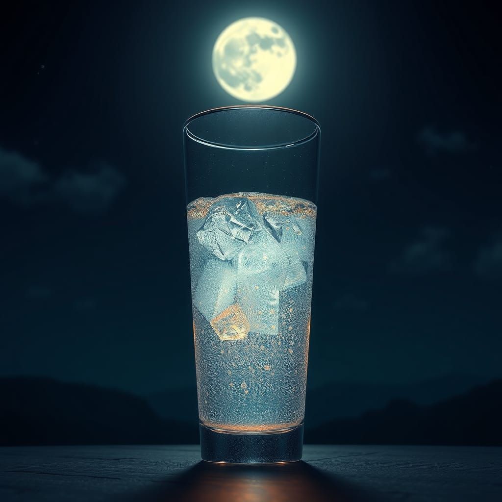 Serene Glass of Water in a Dreamlike Night Sky