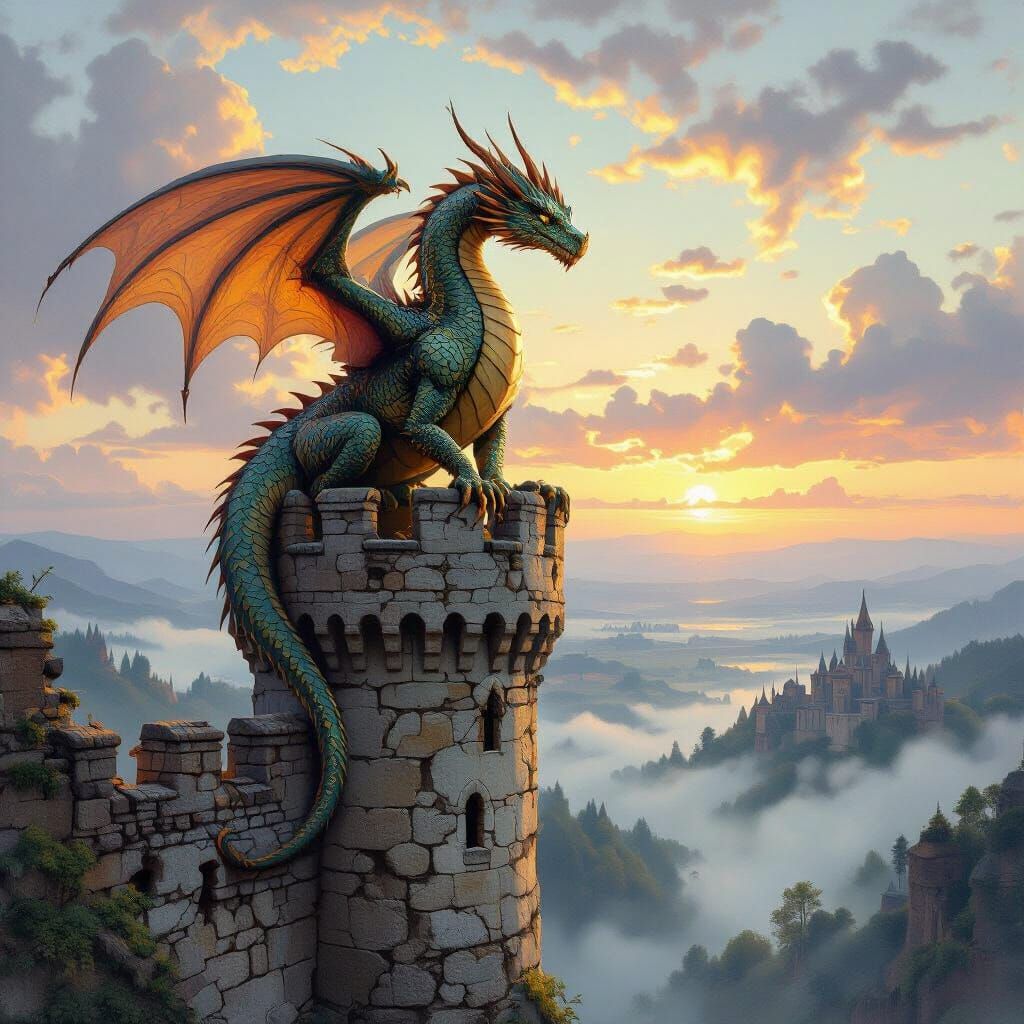 Majestic Dragon Guards Ancient Castle at Dawn