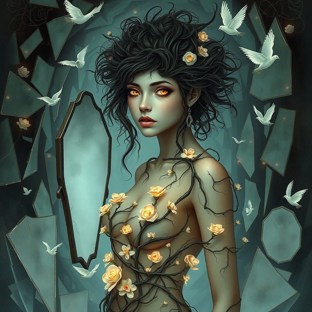 Woman Amidst Surreal Labyrinth of Shattered Mirrors