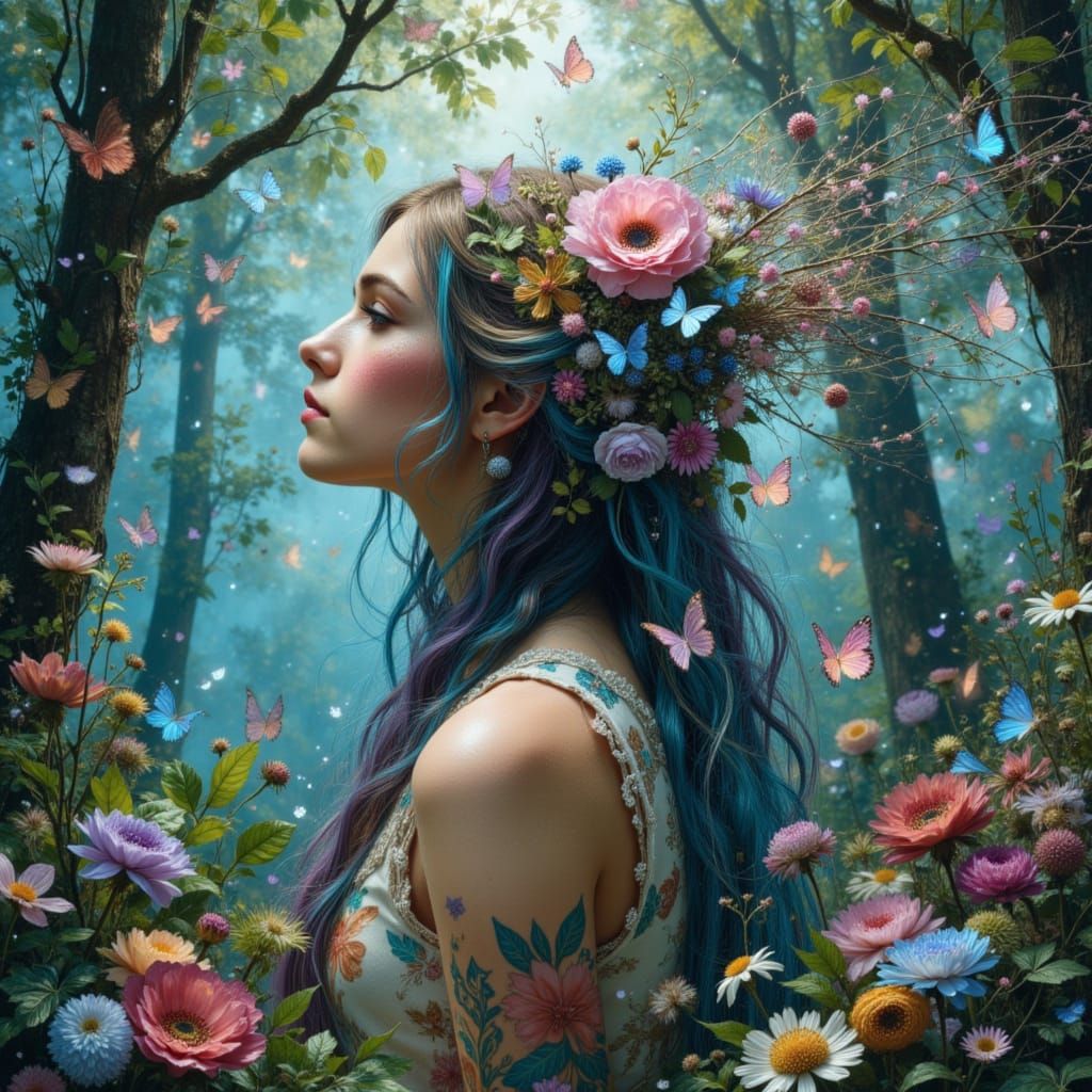 Woman in Dreamlike Forest with Flowing Hair Adorned with Flo...