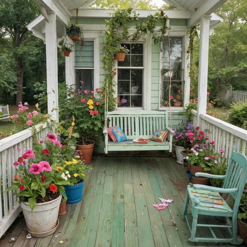 Cozy Cottage Back Porch with Botanical Art