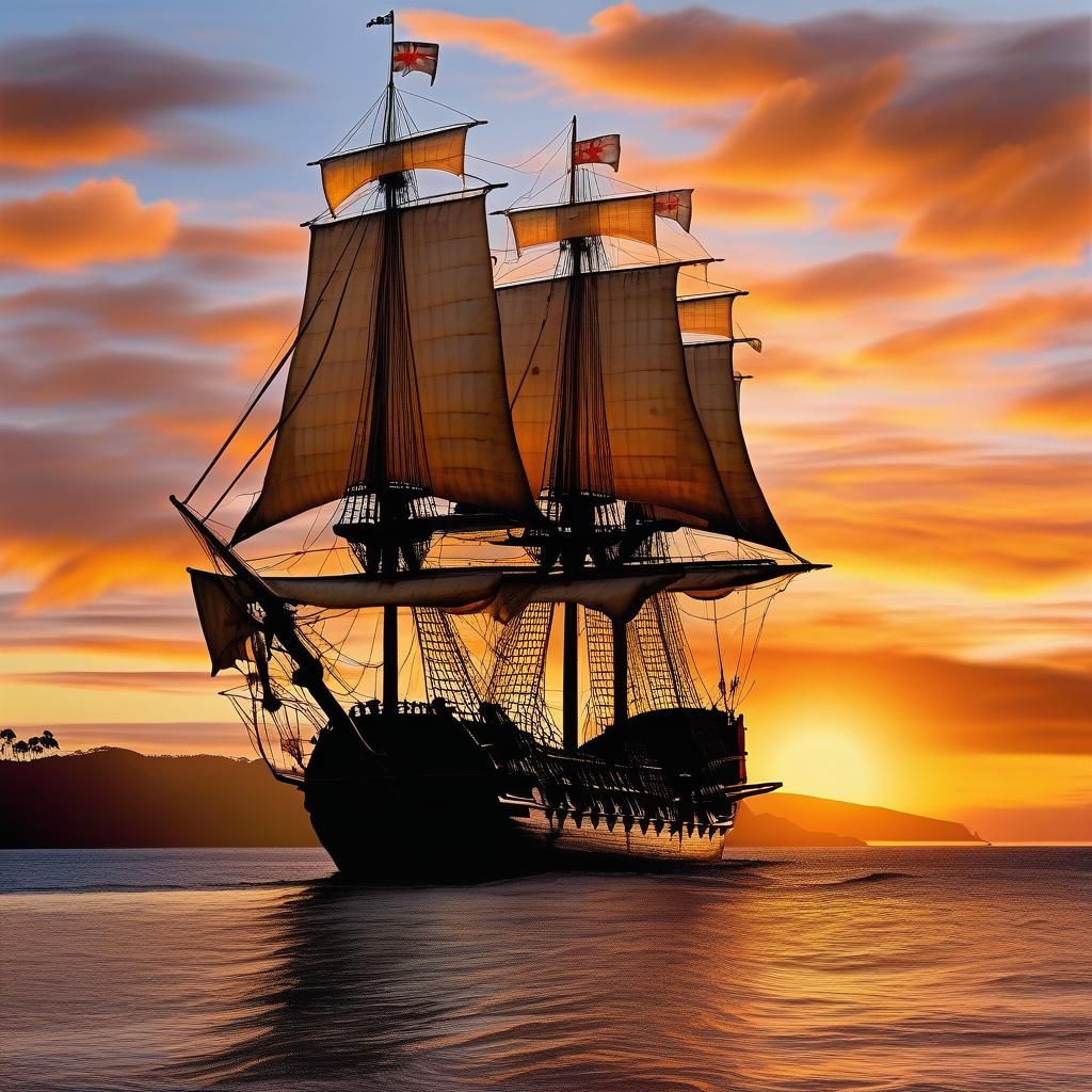 The Endeavour at Sunset on Pacific Island, 1788