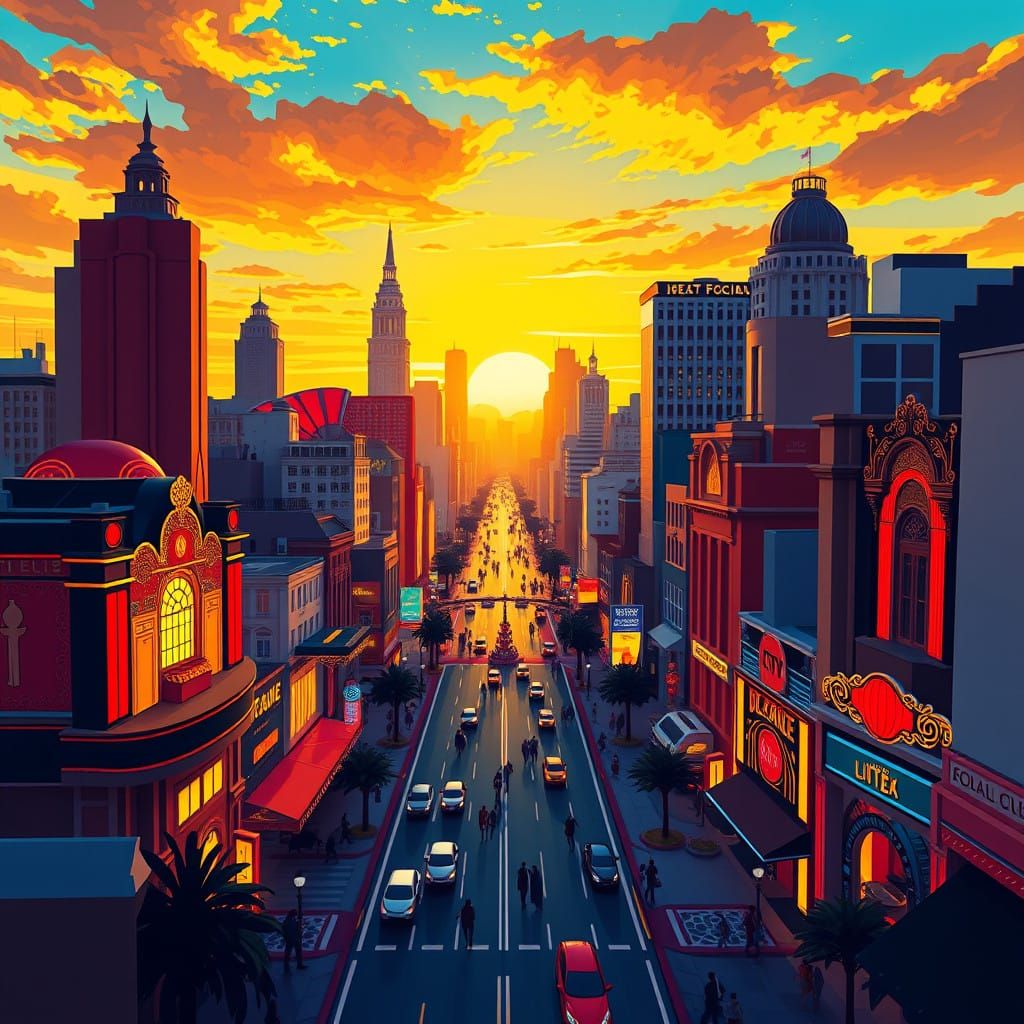 Vibrant Art Deco Cityscape at Sunset