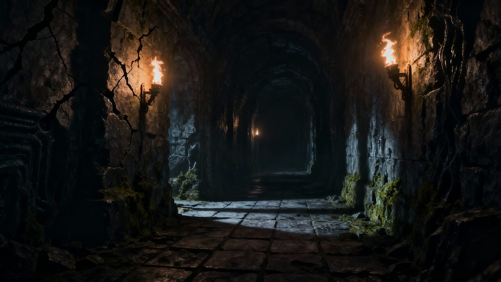 Eerie Torch-Lit Dungeon Corridor With Flickering Shadows