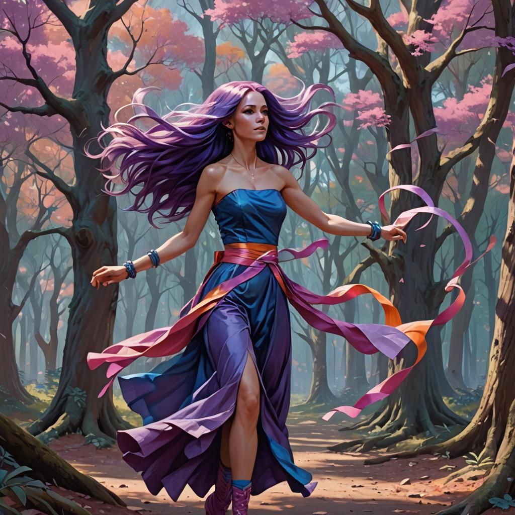 Maiden Twirling in Wind with Flowing Ribbons