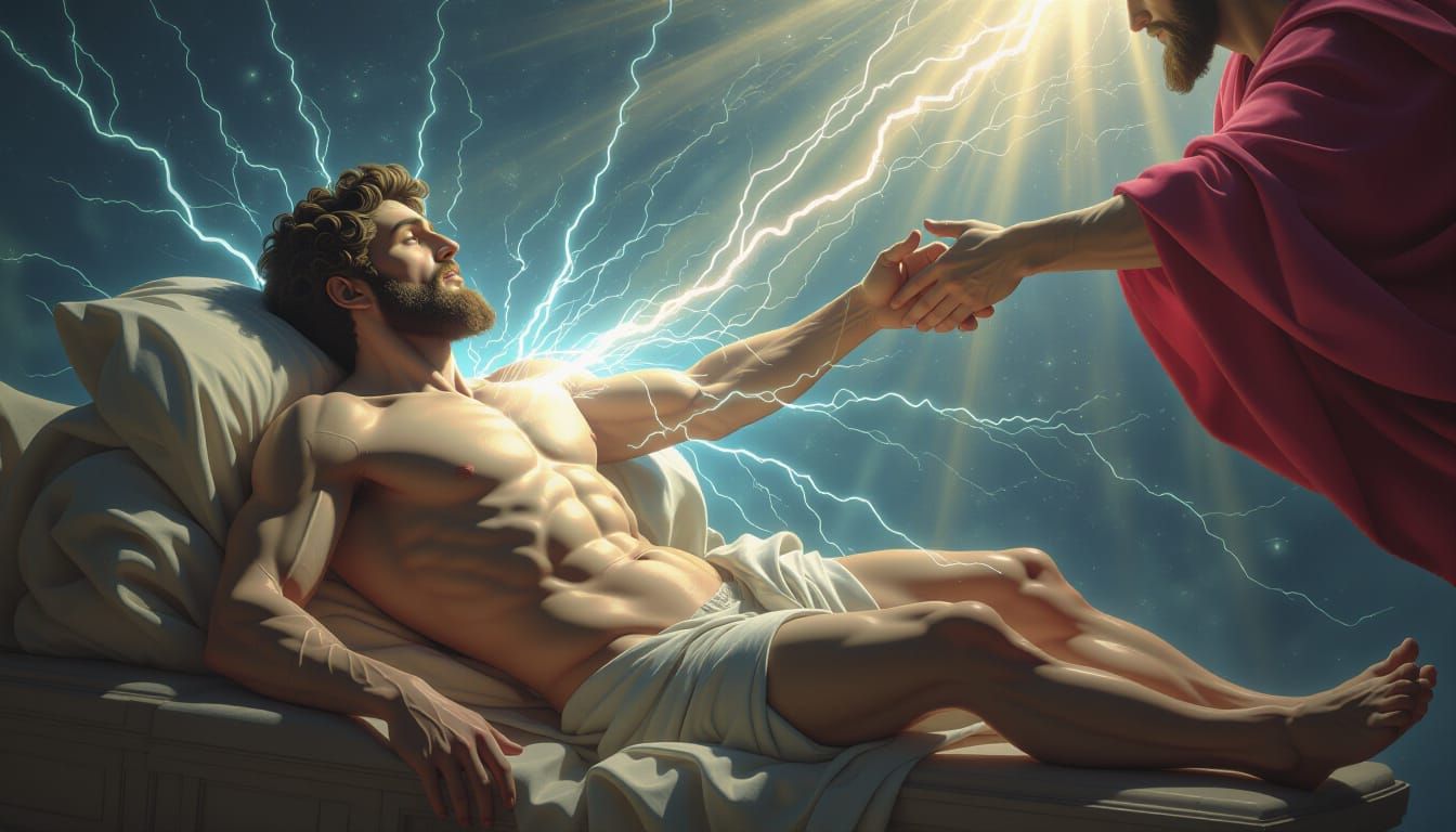 A dramatic reimagining of Michelangelo's "The Creation of Ad...