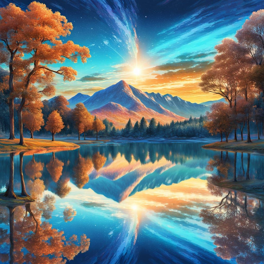 Surreal Cosmic Landscape with Orange Sunset and Reflected Tr...