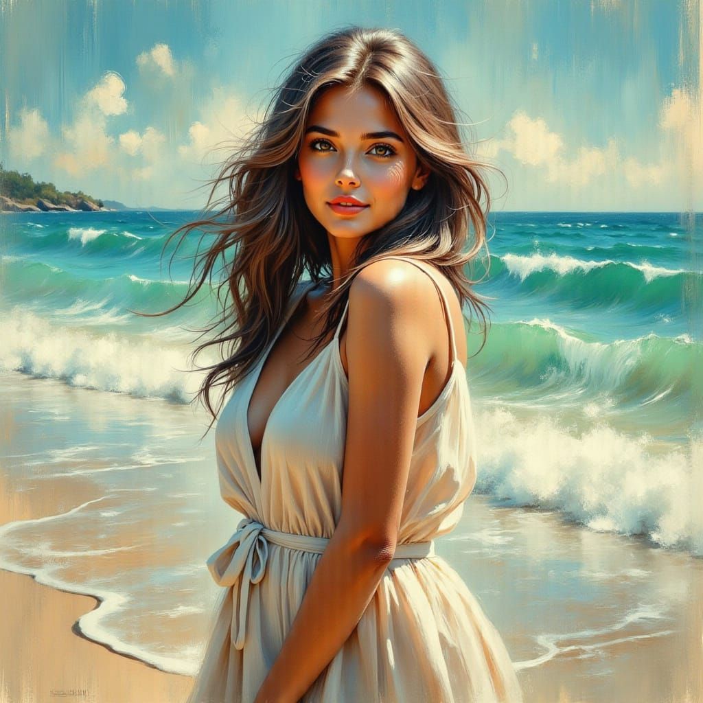Serene Woman on Beach in Sentimental Realism