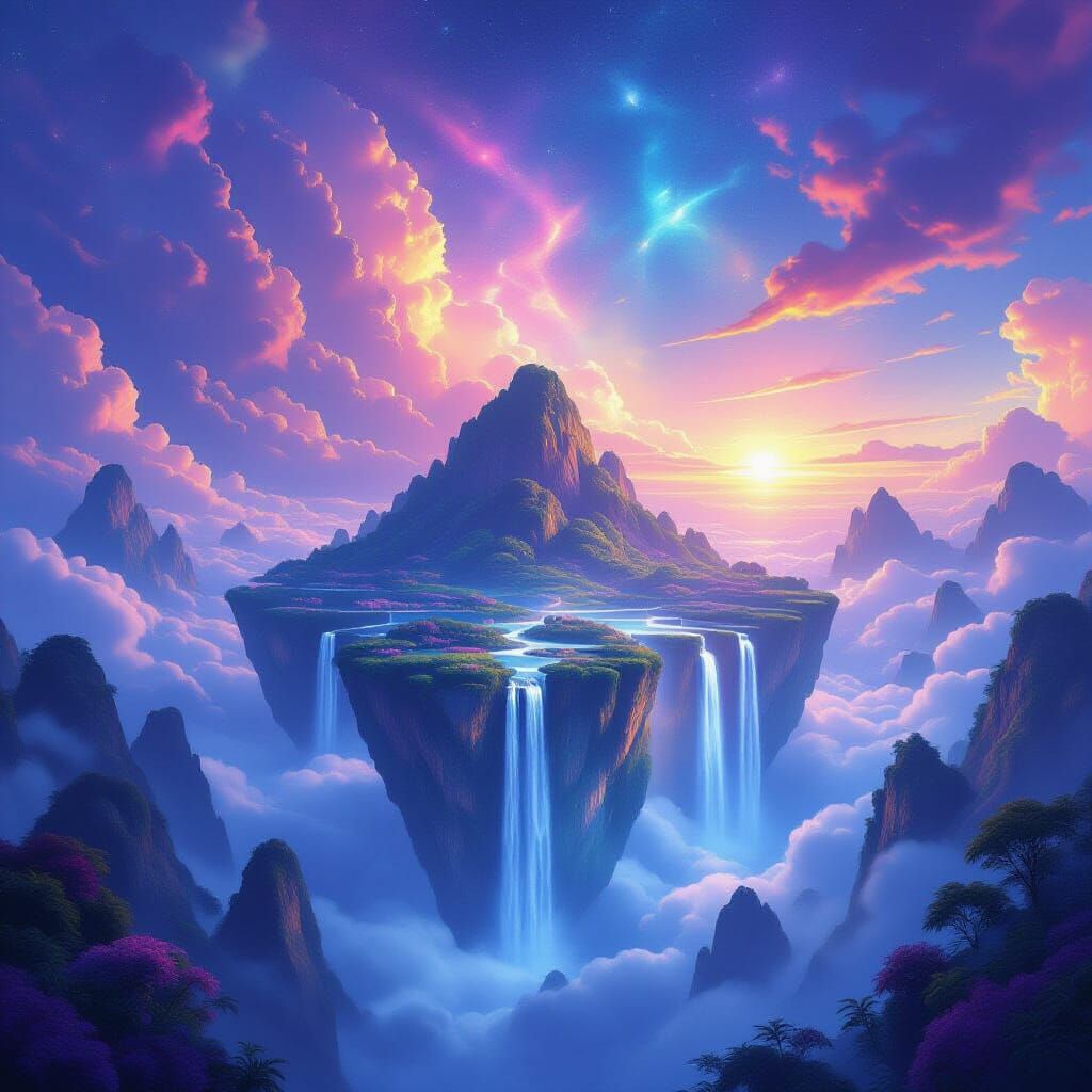 Floating Islands in Nebula Sky with Light Waterfalls