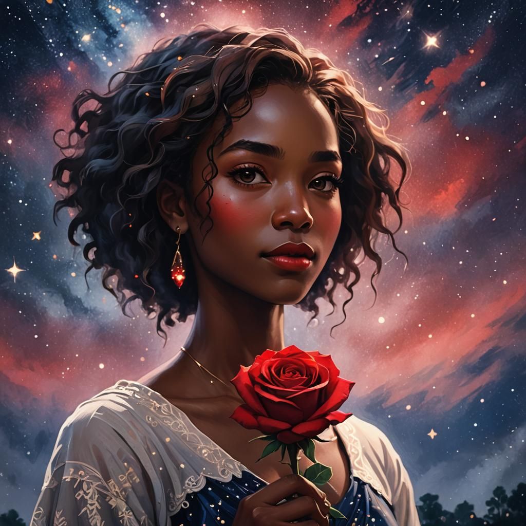 Anime Portrait: Woman with Rose Under Starry Sky
