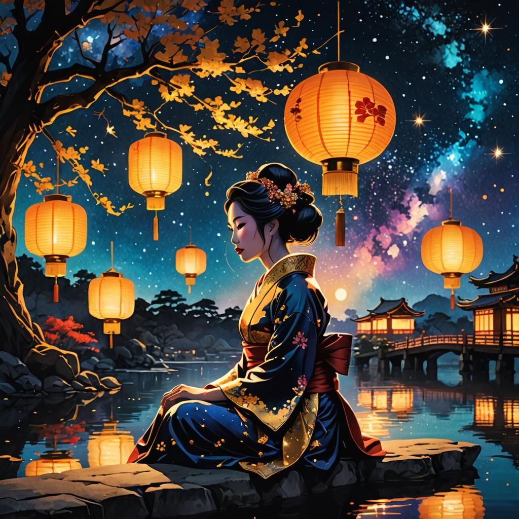 Geisha at Lantern Festival in Anime Manga Style