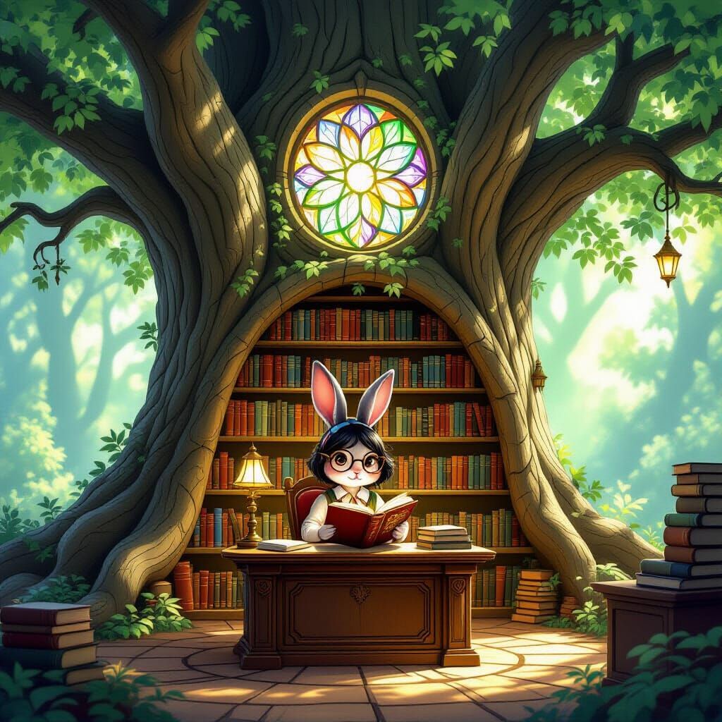 Whimsical Tree Library with Rabbit Scholar