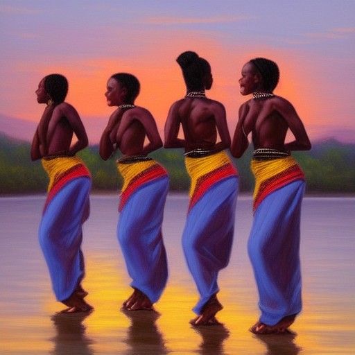 African Dancers in Sunset: Oil Painting