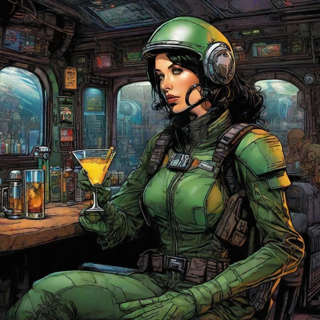 Elvish Mech Pilot Sipping Drink in Comic Book Art