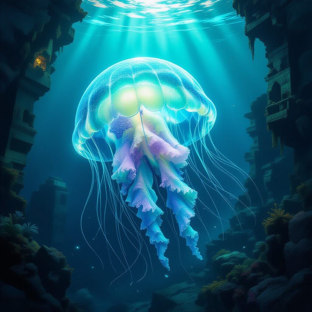 Bioluminescent Sea Glass Jellyfish in Deep Sea Ruins