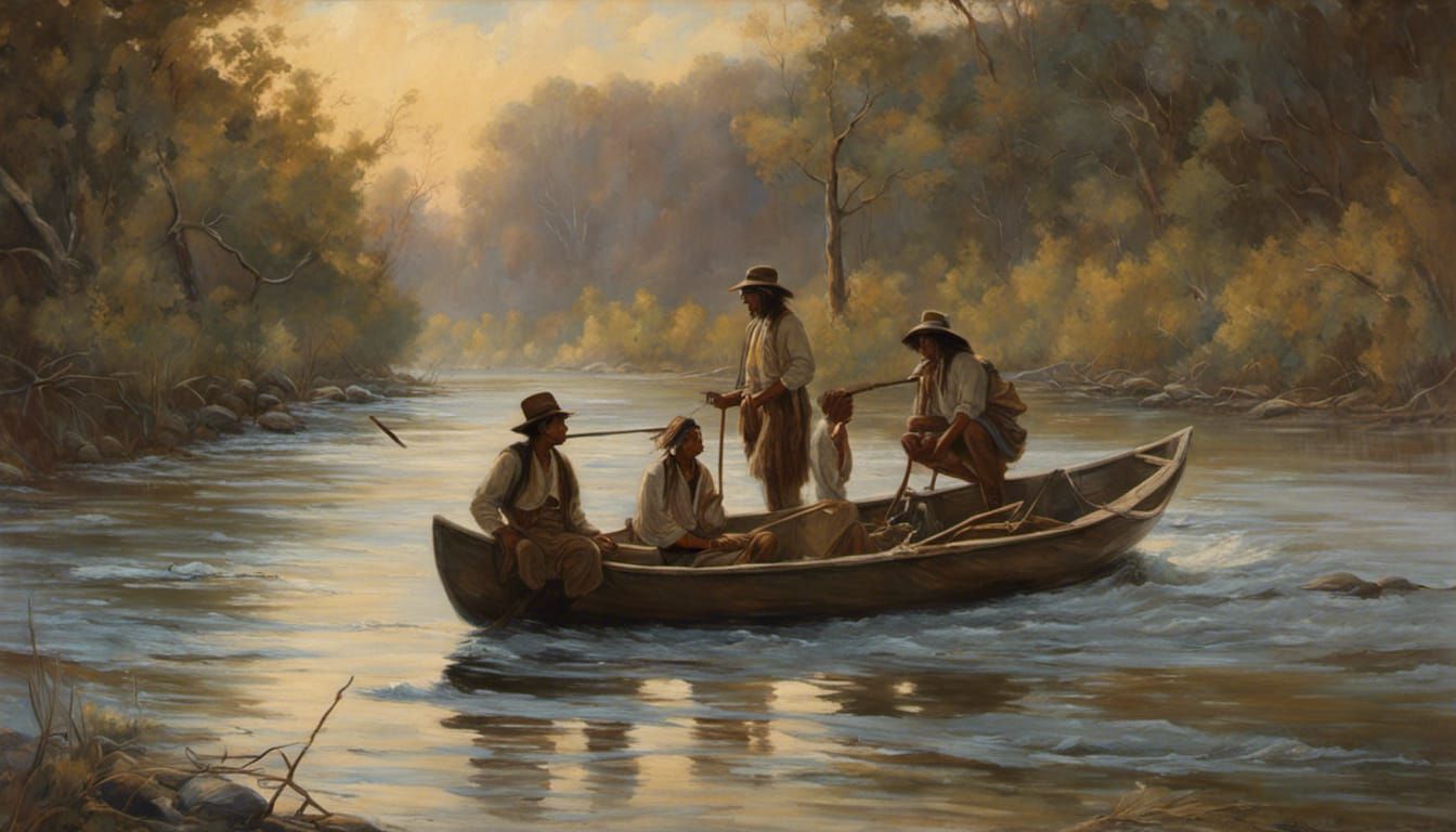Native Americans Fishing, 1910, in Oil Painting Style