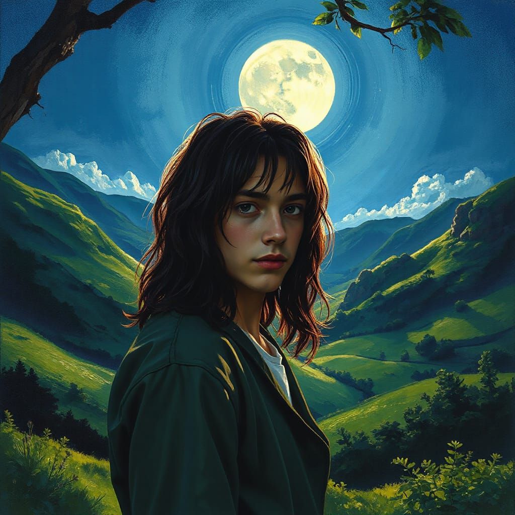 Young Man in Valley Under Luminous Full Moon