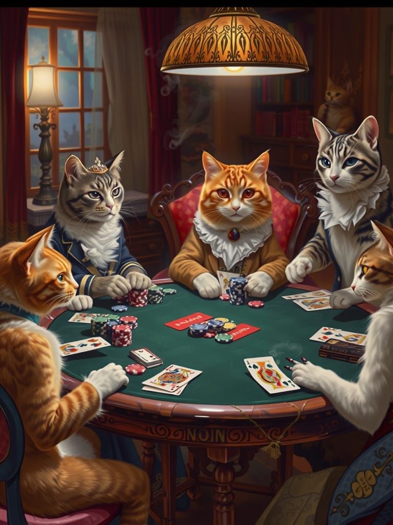 Felines Gather Around Vintage Poker Table in Whimsical Victo...