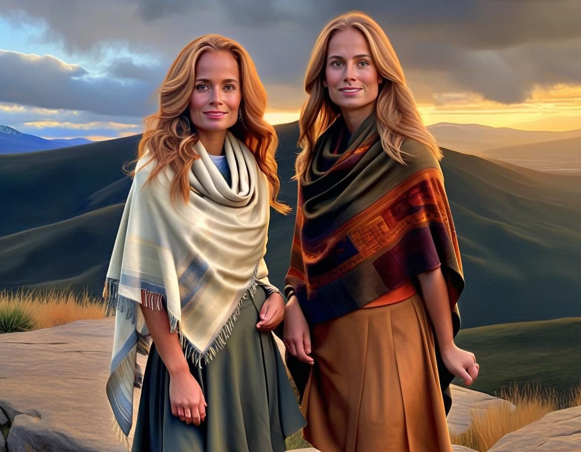 Chiaroscuro Oil Painting of Two Women at Sunset