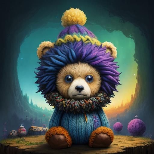 Sad Chibi Teddy Bear with Colorful Hat in Fantasy Art