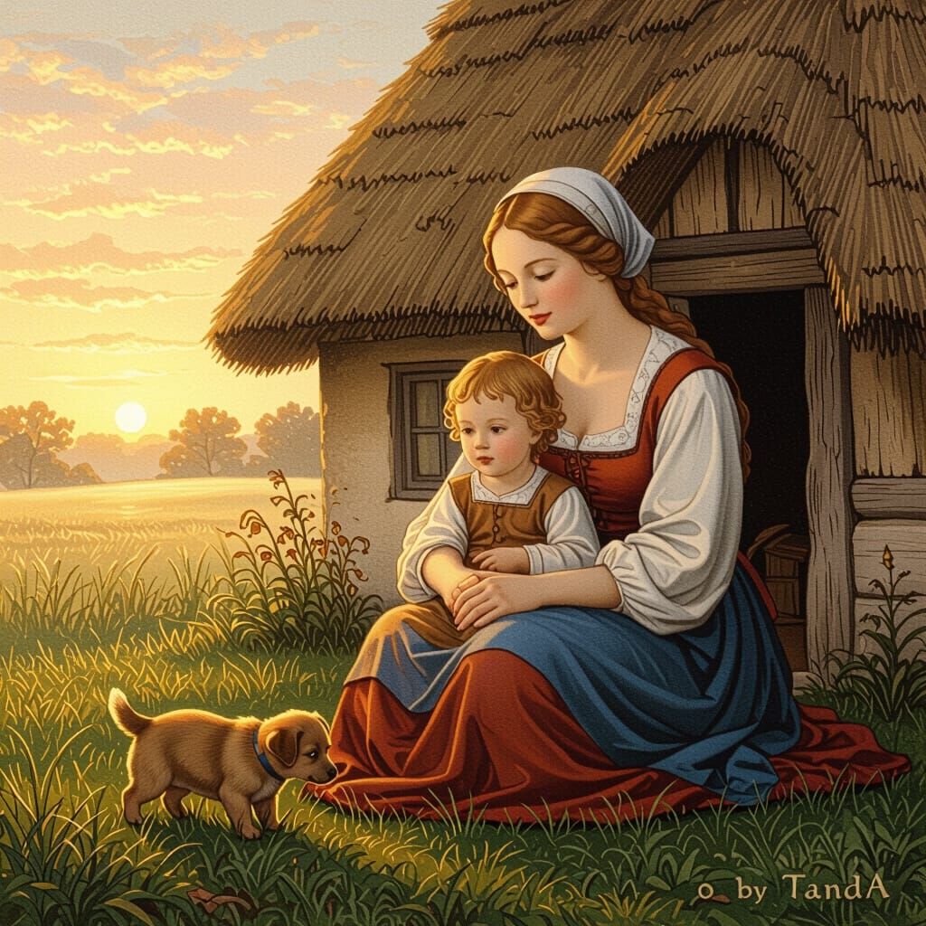 Renaissance Style Sunrise Scene with Family and Puppy