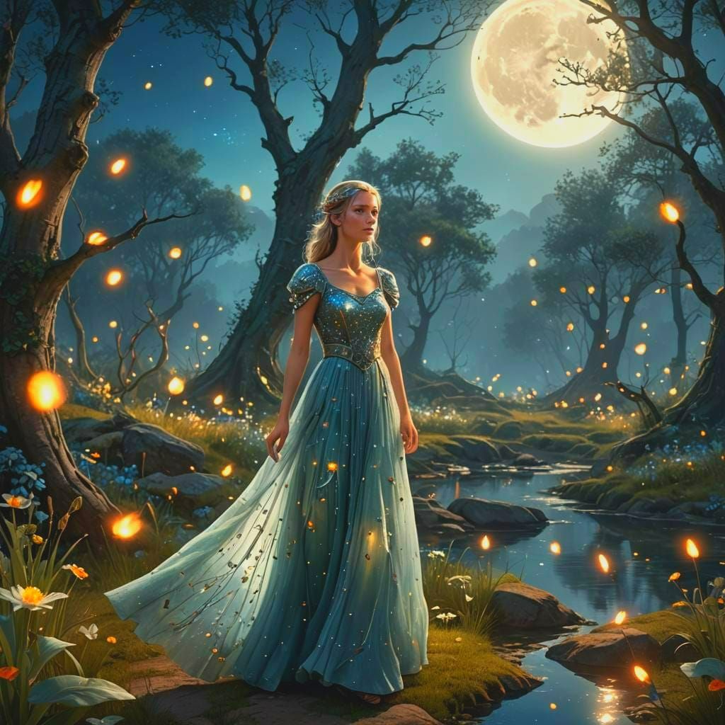 Girl in Silver Dress by Moonlit Lake