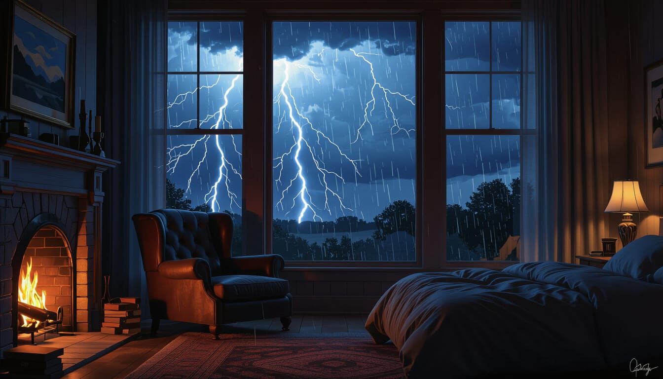 Cozy Bedroom with Fireplace During Nighttime Thunderstorm