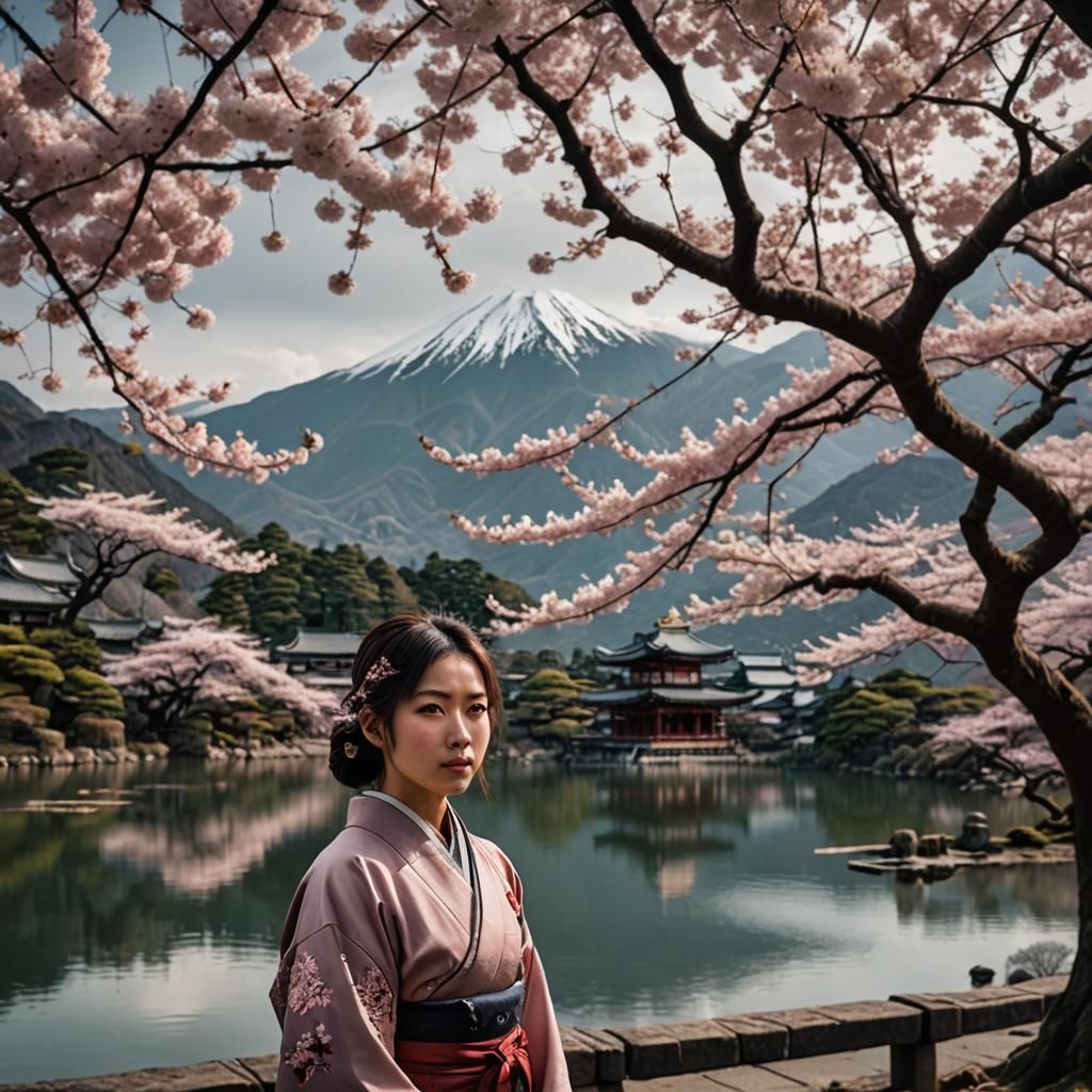 Sakura Tree by Lake with Mountains and Temples