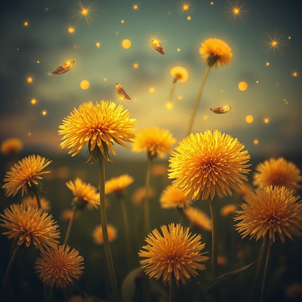 Dandelions as Golden Galaxies in Art Nouveau Style