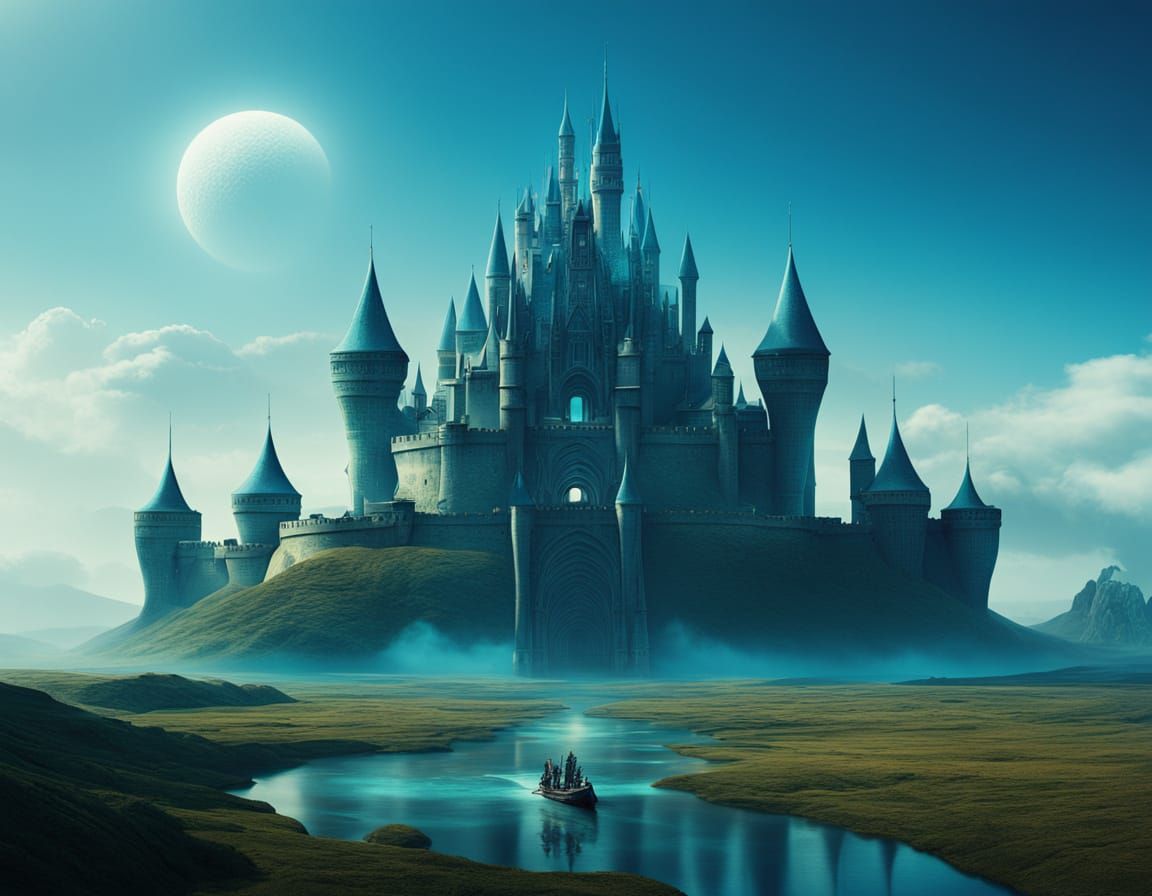 Ethereal Futuristic Castle Scene in Vibrant Neon Hues