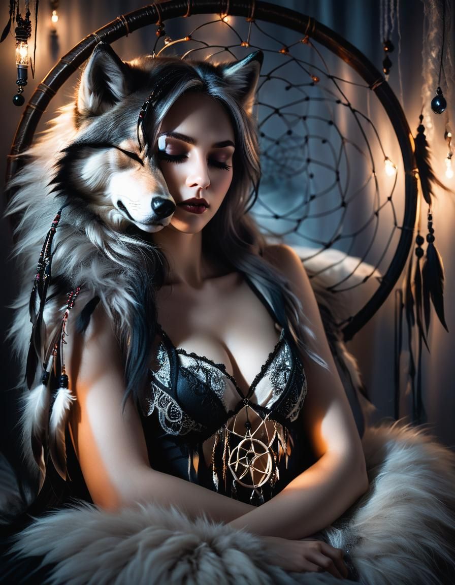 Gothic Portrait: Woman and Wolf in Dreamy Bedroom