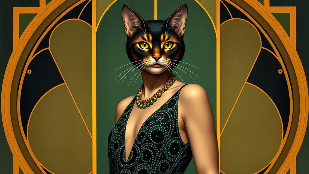Cat Flapper Portrait in Art Deco Style