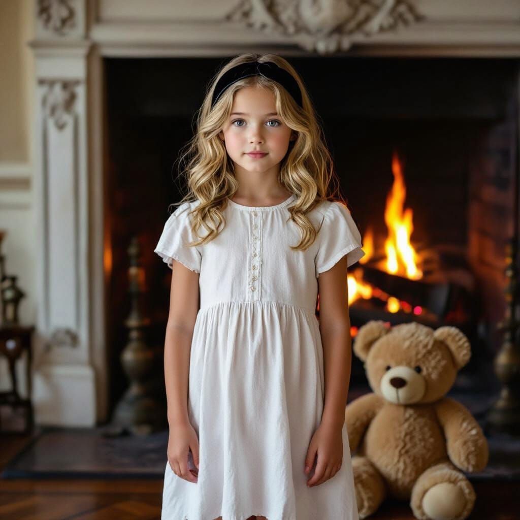 Victorian Girl by Fireplace in Grand Villa