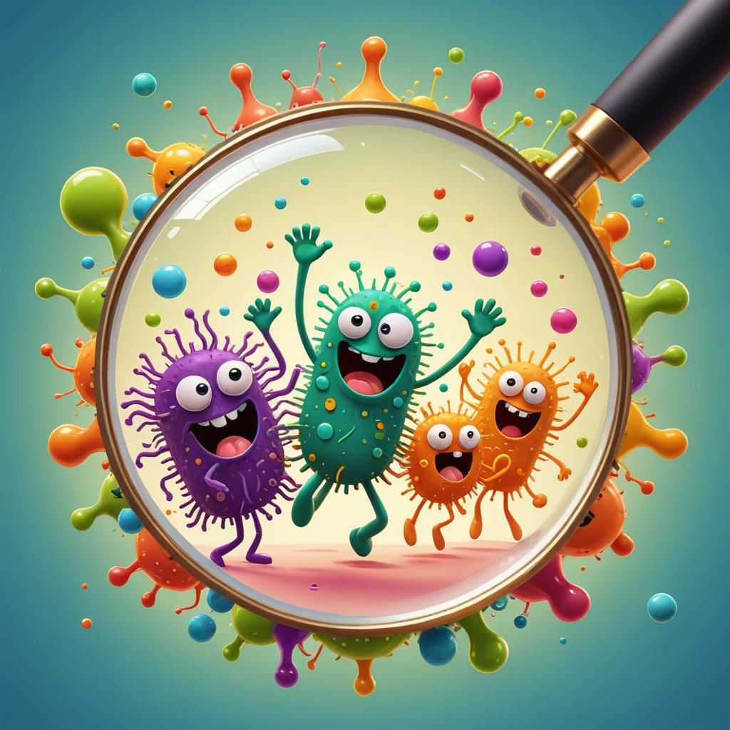 Cartoon Microbes Dancing Under Magnifying Glass in 3D Art St...