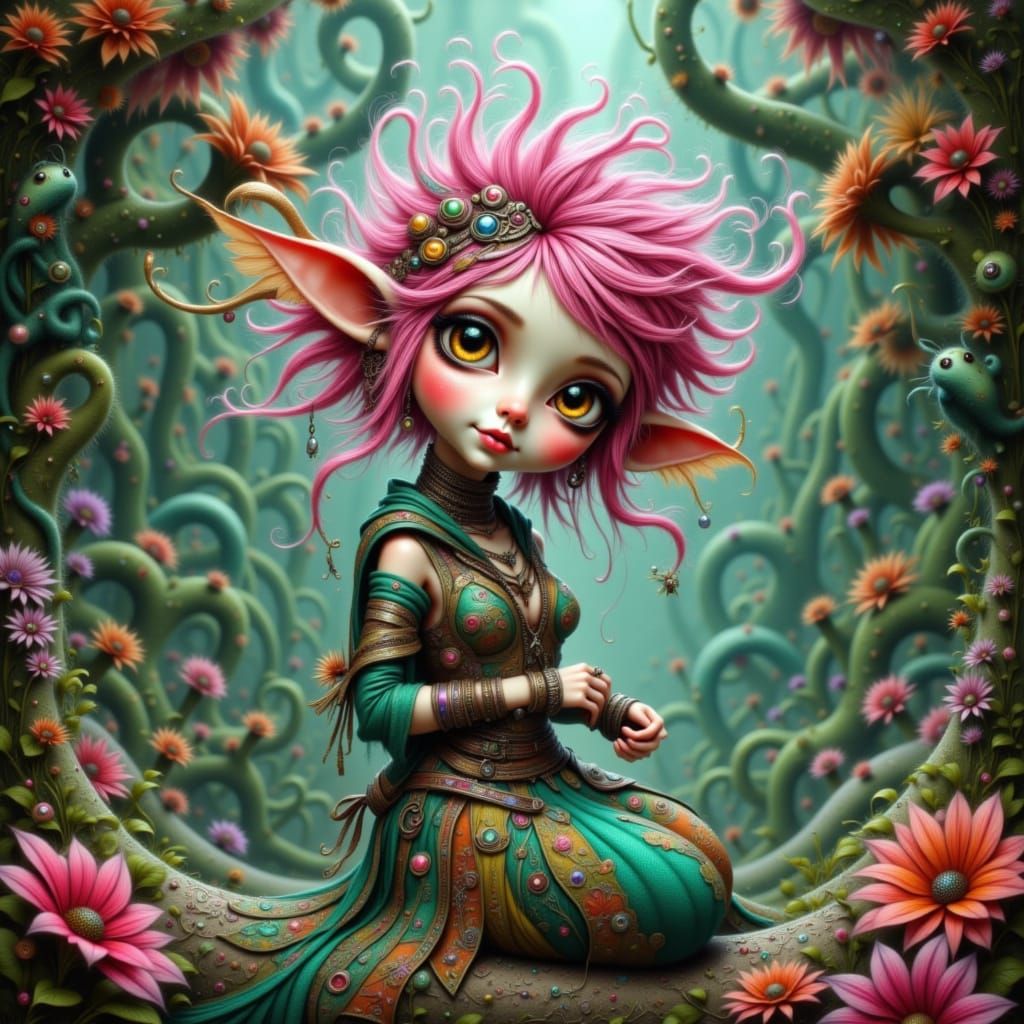 Whimsical Petite Elf Creature in Bohemian Punk Style