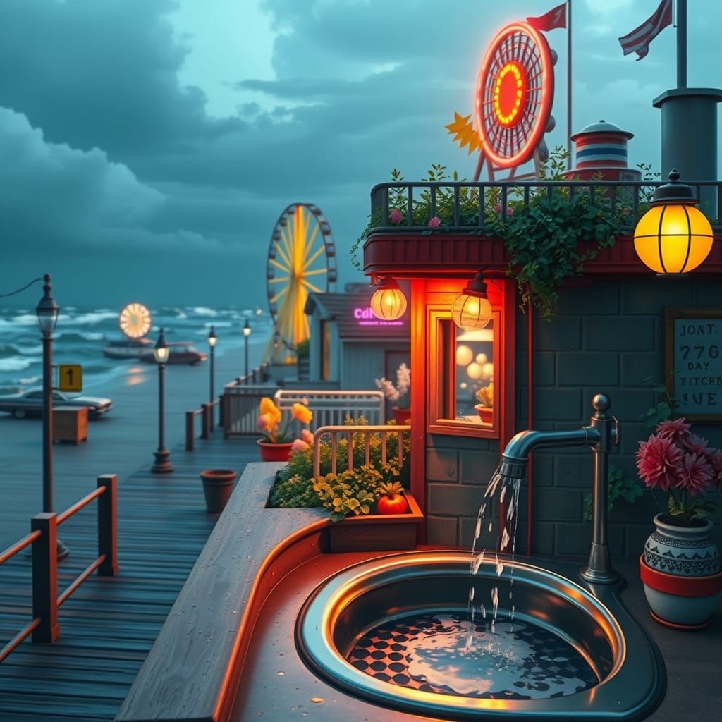 Enchanting Boardwalk Scene with Rooftop Garden