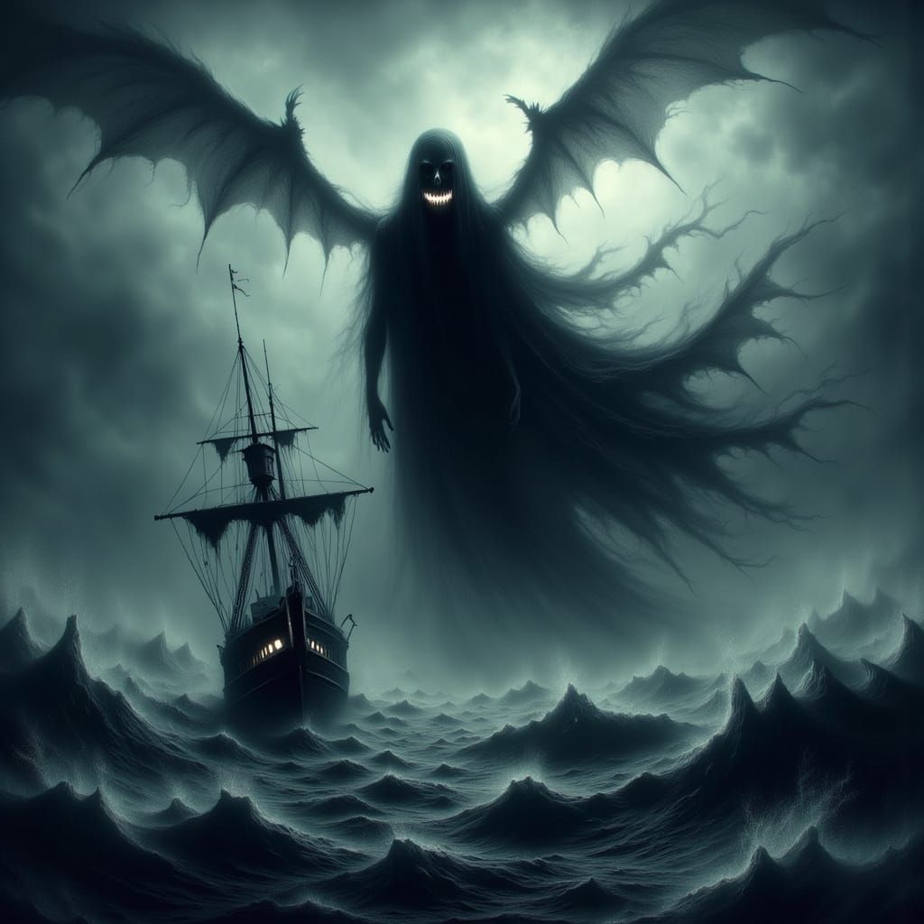 Ethereal Figure Hovering Over a Storm-Tossed Sailing Ship in...