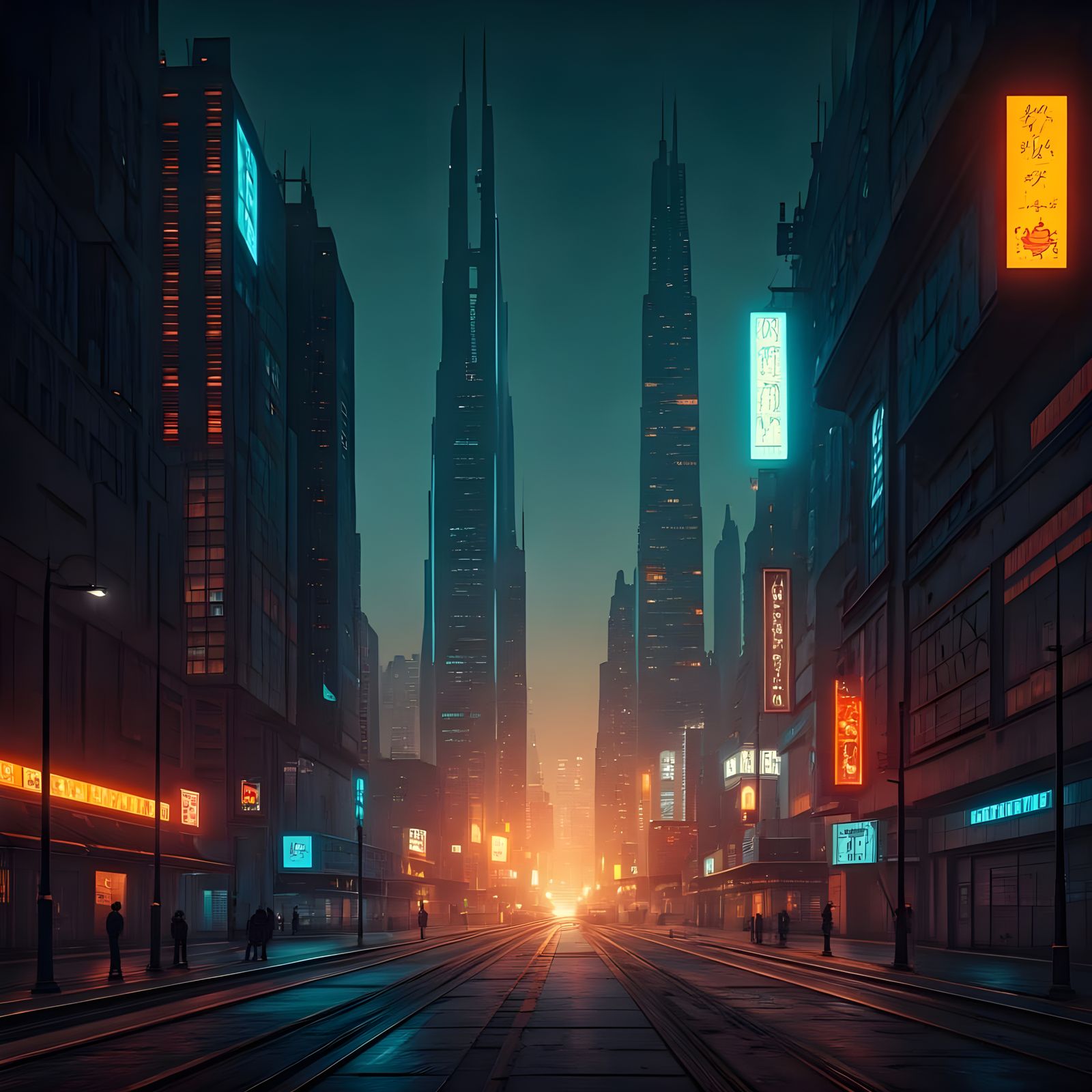 Cyberpunk Cityscape in Vibrant Blue and Orange