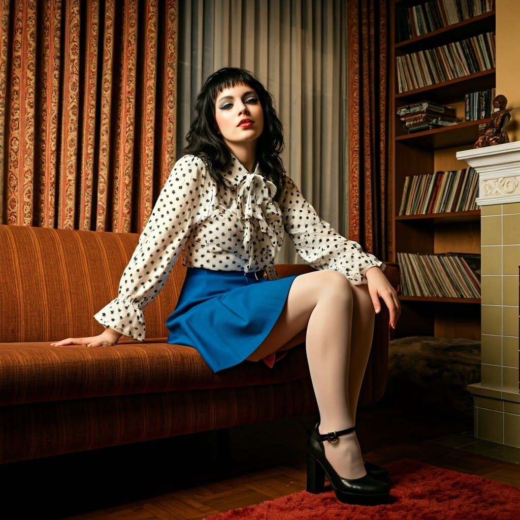 Confident 1970s Woman in Bold Polka Dot and Floral Print Out...