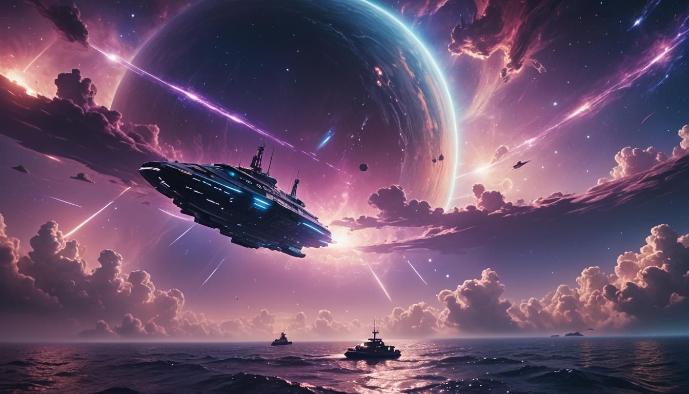 Sci-Fi Spaceship Boat on Electric Ocean