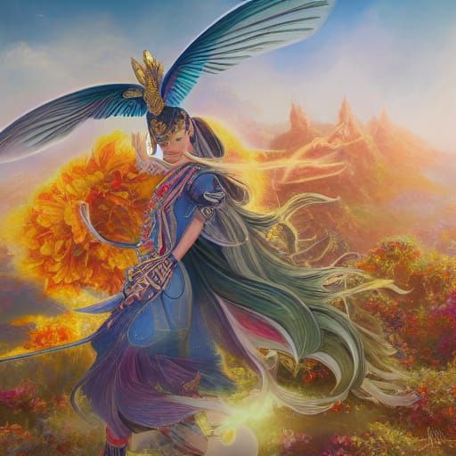 Mythical Satureya Hummingbird Near Golden Flower